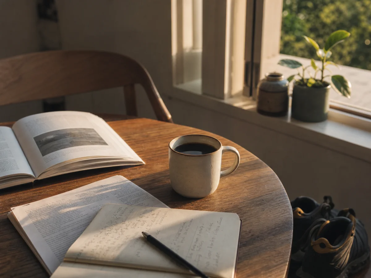 Morning sunlight across an open book, research notes, coffee, and walking shoes.